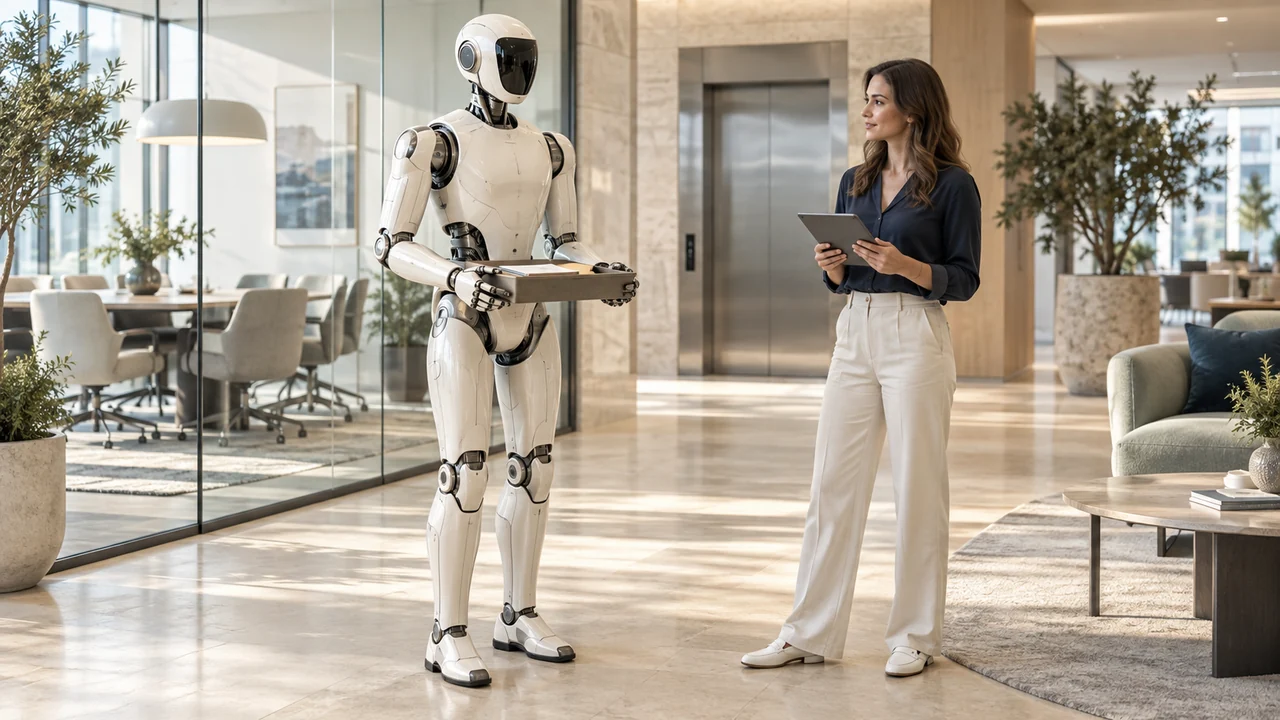 Humanoid s podnosem na dokumenty a pracovnice s tabletem v moderní kanceláři u výtahu.